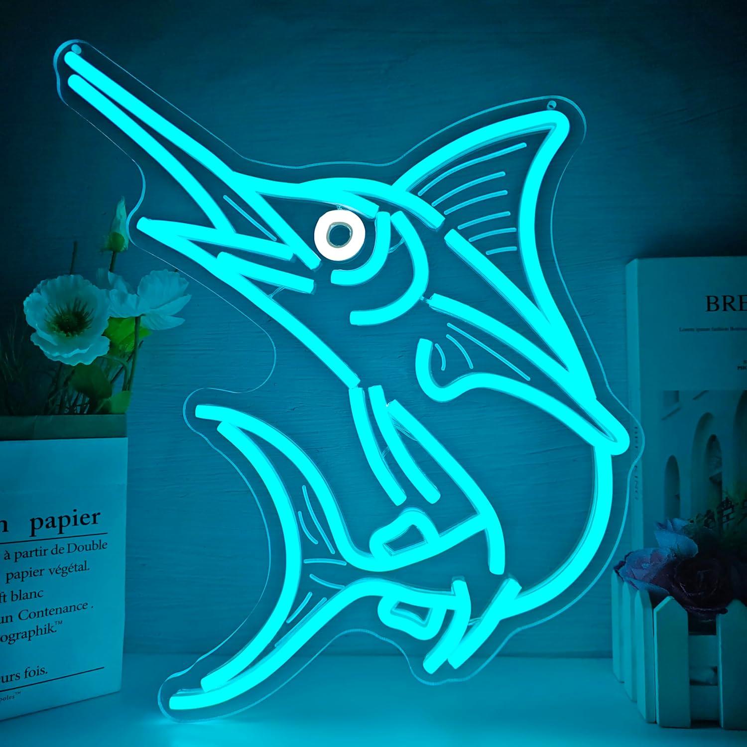 Home Bar Signs - ป้ายไฟนีออนรูปปลาปลากระเบน ตกแต่งธีมตกปลาทะเลน้ำลึก ไฟ LED สำหรับตกแต่งบ้าน บาร์