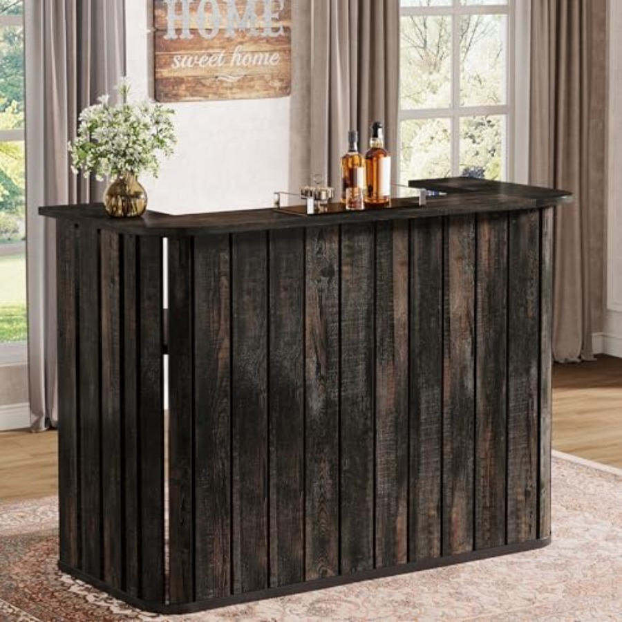 Home Bar Shelves - ชุดบาร์สำหรับใช้ในบ้าน ทำจากไม้ สีน้ำตาลสไตล์เรโทร พร้อมชั้นวางของ 2 ชั้นและฟังก์ชันตู้เก็บไวน์
