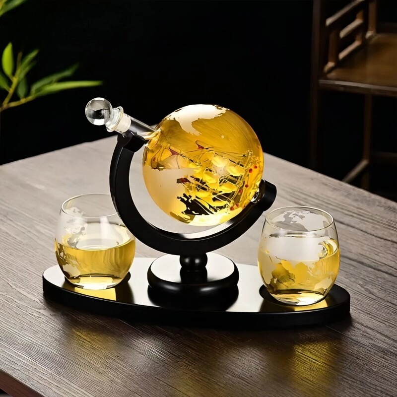 Home Bar Set - ชุดขวดไวน์ทรงกลมตกแต่งพร้อมขาตั้ง แก้วคาราฟพร้อมฐานสำหรับของขวัญตกแต่งบาร์ในบ้าน ดีไซน์หรูหรา