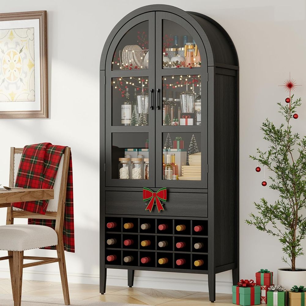 Home Bar Shelves - ตู้บาร์ไวน์ทรงโค้งสูง 71 นิ้ว พร้อมที่เก็บของ ตู้บาร์พร้อมบานประตูและชั้นวางของ ตู้เก็บเหล้าสำหรับบ้าน